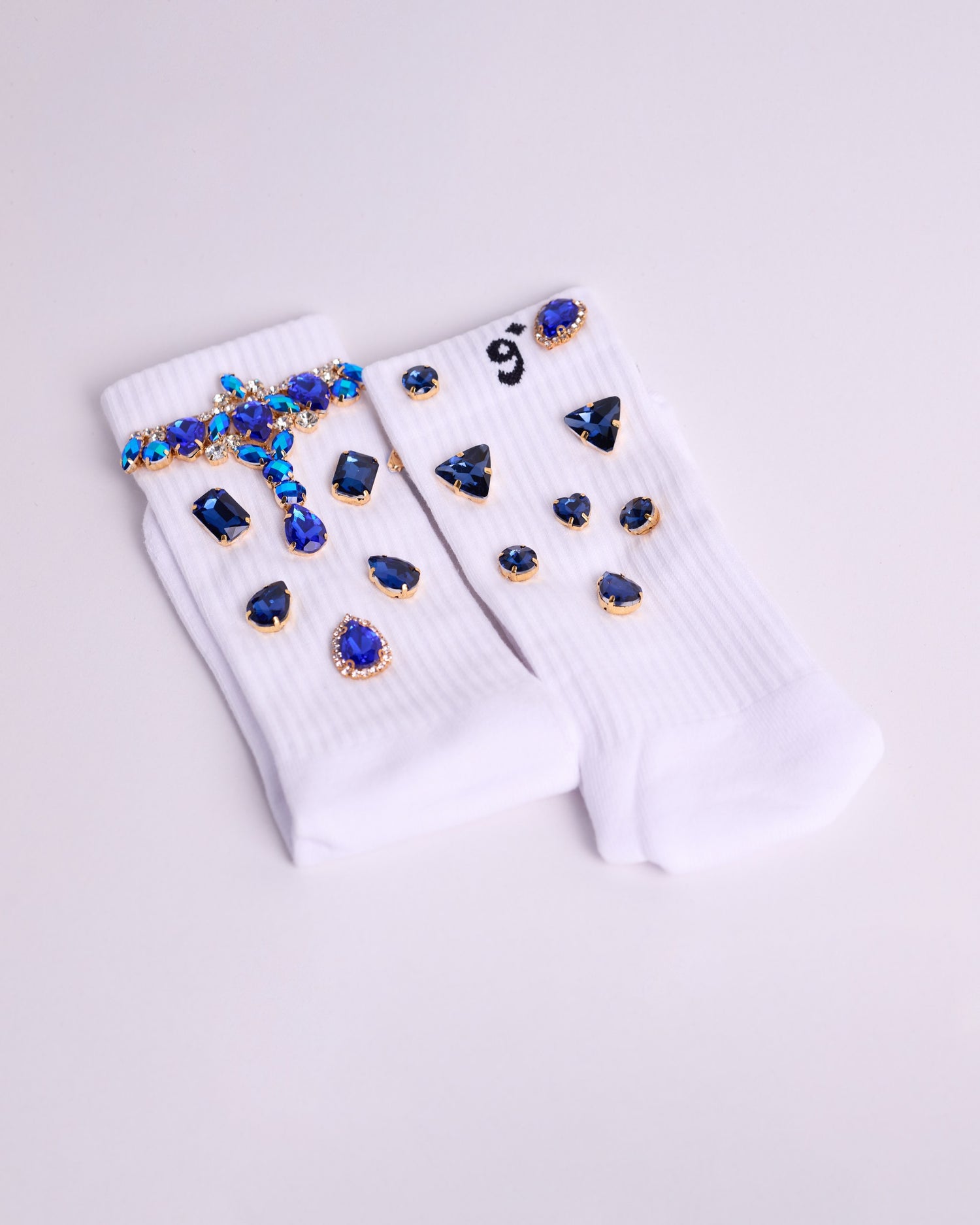 Tiara Royal statement socks in white with royal blue crystal tiara ornament