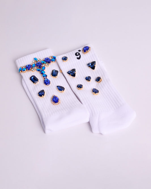 Tiara Royal statement socks in white with royal blue crystal tiara ornament